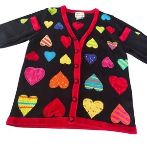 Vintage 90s Quacker Factory Sequin Knit Heart Valentines Day Cardigan Sweater